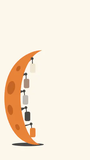 Flat vector editorial illustration for a Halloween nail salon promotion graphic: a tall pumpkin-orange crescent moon stands on a plain off-white ground while five rounded nail-colour swatch sticks in cream, taupe, grey, charcoal and orange hang from small pegs along its inner curve; the upper third and right edge stay a plain empty field ready for typeset copy, and no hand or text appears.