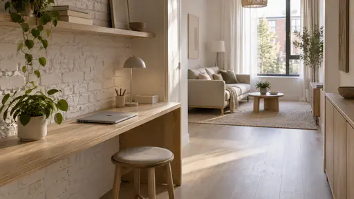 A narrow oak desk runs along a white-painted brick wall under a shelf in a compact flat, a plain closed laptop beside a desk lamp and a small plant, a stool tucked beneath, lit by soft light from the tall window.