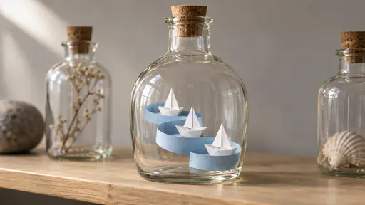 A narrow-necked clear glass bottle with a cork stopper on a pale wooden shelf holds three folded white paper boats with sails up along a coiled pale blue paper ribbon in the belly of the bottle.