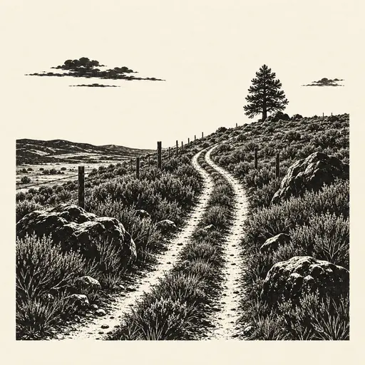 A narrow dirt ranch trail winds up a sagebrush hillside between boulders and fence posts toward a ridge with a lone pine in white line engraving.