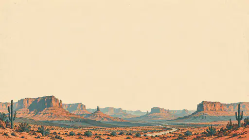 A narrow lower band of Southwestern mesas in terracotta and teal with saguaros and a thin road sits beneath a huge empty aged cream sky in a vintage travel poster style header.