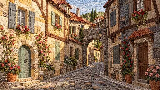 A narrow cobbled street curves between tall old stone and timber houses with window boxes and a stone arched passage in joined fabric patches.
