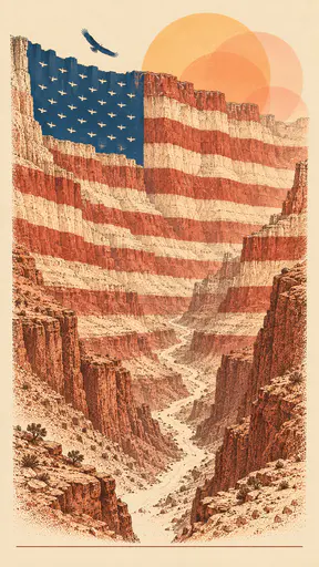 Retro poster showing a canyon whose rock bands form flag stripes under a blue canton sky. Thirteen stripes and a starry canton print neat.