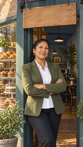 A fictional adult Native American business owner in an olive blazer stands proudly with folded arms in the doorway of her small cafe under a blank wooden sign in fine ink and soft shading.