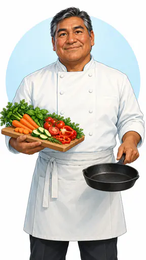 A fictional adult Native American chef in a white jacket smiles proudly holding a board of fresh vegetables and a cast iron skillet inside a pastel circular badge.