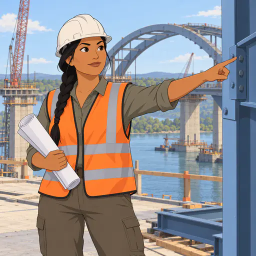 A fictional adult Native American engineer in a safety vest and hard hat holds plain blueprints and points to a steel girder at a half built bridge in clean animation style.