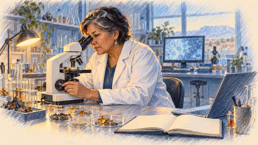 A fictional adult Native American scientist in a lab coat with silver streaked black hair looks through a microscope beside sample dishes, a notebook and a laptop in coloured pencil.