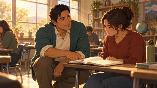A fictional adult Native American teacher in a cardigan crouches beside a learner desk and points to a plain open book in a classroom filled with golden afternoon light.