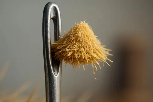 A tight macro study where a single sewing needle's eye holds a tiny haystack sprouting through, contrasting cold metal with warm straw. The scene emphasizes meticulous craft, surprising scale, and the playful idiom of improbability in one finely lit close-up.