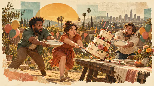 Three neighbors lunge with plates and a spatula to catch a tall tiered birthday cake sliding off a wobbling picnic table beneath balloons, bunting and an ochre sun disc.