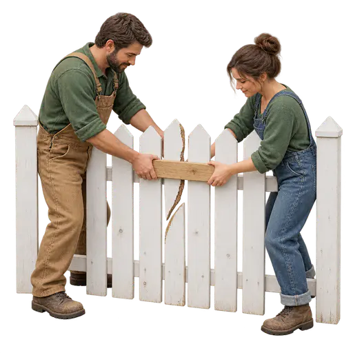 Mending fences: two neighbors on opposite sides of one damaged picket fence jointly repairing the same broken board, hands meeting over the repair, isolated on transparency.