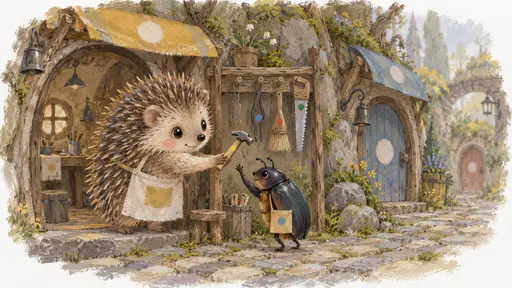A hedgehog hands a small hammer from a shared wooden tool rack hung with tiny tongs, a brush and a saw to a beetle who reaches up for it between two tiny animal workshops on a cobbled lane in soft overcast light.