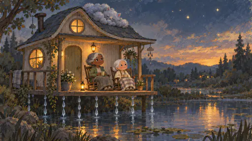 At dusk a small weather-house on stilts of rain rests at the edge of a pond with amber glowing round windows and a little rain-cloud pet curled like a sleeping cat on its roof while on the porch a petite older woman with short silver-grey hair and a green cardigan and a very small elderly woman with a silver bun and a cream cardigan sit in two rocking chairs watching the first stars.