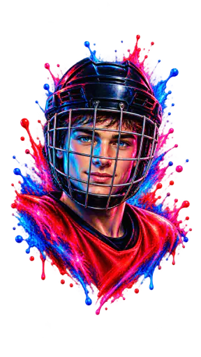 A young ice hockey player in a caged black helmet and a red jersey, shown as a neon spectrum brush bust portrait with paint splashes, isolated on a transparent background.