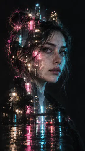 Night portrait of an invented adult in three-quarter view blended in double exposure with a neon city street, teal and magenta glow and round window lights filling the face while its structure stays readable.