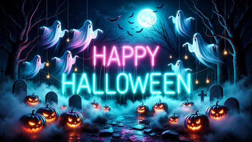 Pink HAPPY above cyan HALLOWEEN neon tubes in a foggy graveyard, with floating sheet ghosts, orange jack-o-lanterns, blank gravestones, lanterns, bats and a blue full moon.