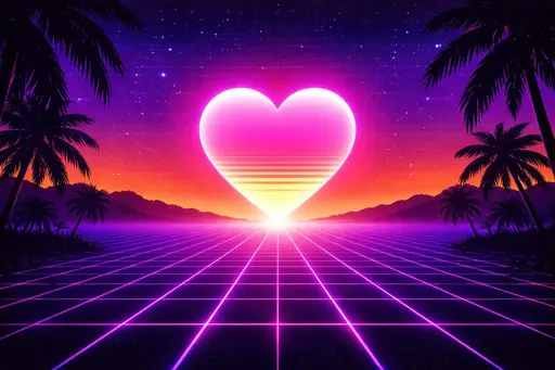 Wide 3:2 retro-wave landscape showing a glowing neon-pink heart sun above a purple synth-grid horizon, indigo-to-orange sky with static stars and scanlines, silhouetted palms, and magenta-cyan glows.