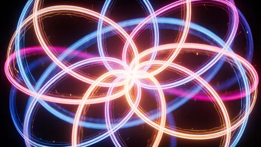 Intertwined glowing neon loops form a loose spherical abstract, curving from cool blue to warm magenta and gold over a dark, softly ambient backdrop.