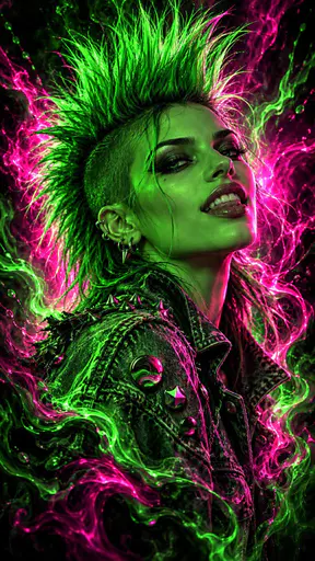 An adult with a spiky neon green mohawk and a mischievous grin wears a denim jacket with colorful pins against a bright backdrop.