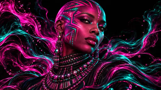 An adult woman with a shaved head and geometric painted patterns across her scalp, face looks straight ahead lit by magenta and teal neon.