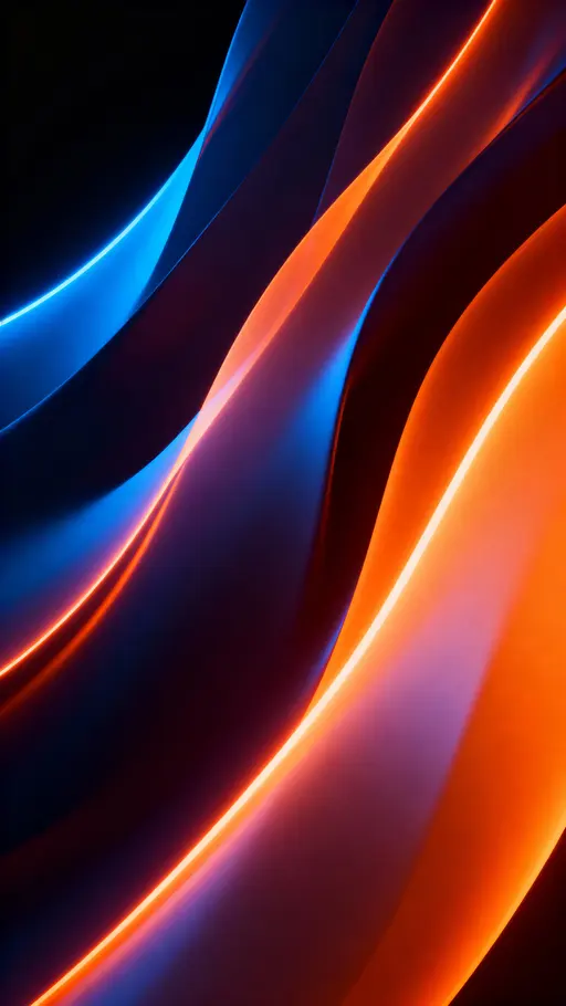Seamless 9:16 wallpaper of neon abstract waves floating across a dark background. Smooth-gradient surfaces and luminous edges form glowing ribbons that blend from deep blue to bright orange. Soft light mapping accentuates palette hues on a黒