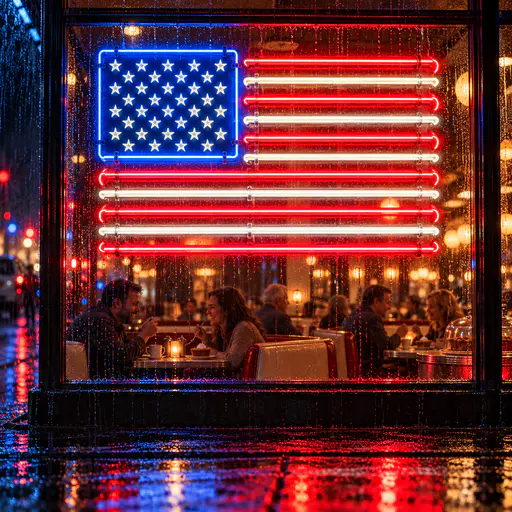 Diner window with a glowing neon tube flag of red stripes and blue canton at night. Thirteen stripes and a neat canton hit the wall.