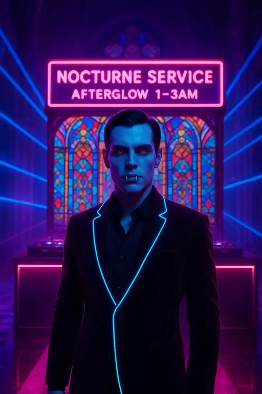 A neon vampire in a velvet suit with LED lapel piping and fang grillz stands beneath a stained-glass DJ booth in a cathedral-turned-club, lit by pulsing floor tiles and laser haze.