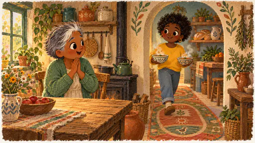 In a kitchen a petite older woman with silver-grey hair and a green cardigan stands at the table looking amazed at a small new archway in the wall leading to a new room while a young woman with a short natural afro and a yellow sweatshirt carries two steaming bowls from the stove through the archway across a colourful rug.