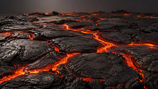 A newly cooled dark crust plates a wide lava surface in dim evening light with bright molten cracks glowing in a network between the plates.
