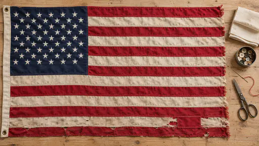 An American flag lies flat on a pale wooden workbench with worn frayed stripes and one new red patch neatly stitched into a torn stripe beside a needle, thread and scissors.