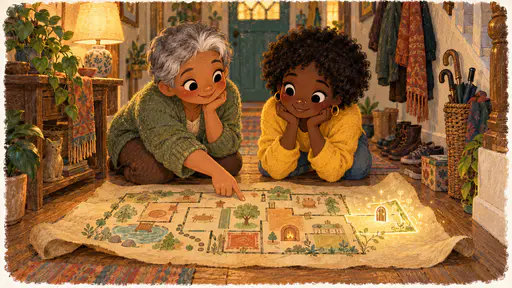 A petite older woman with short silver-grey hair and a green cardigan and a young woman with a short natural afro and a yellow sweatshirt kneel over a large old parchment house map on a hallway floor as a faint new room appears in glowing ink at its edge with a small door symbol drawing itself.