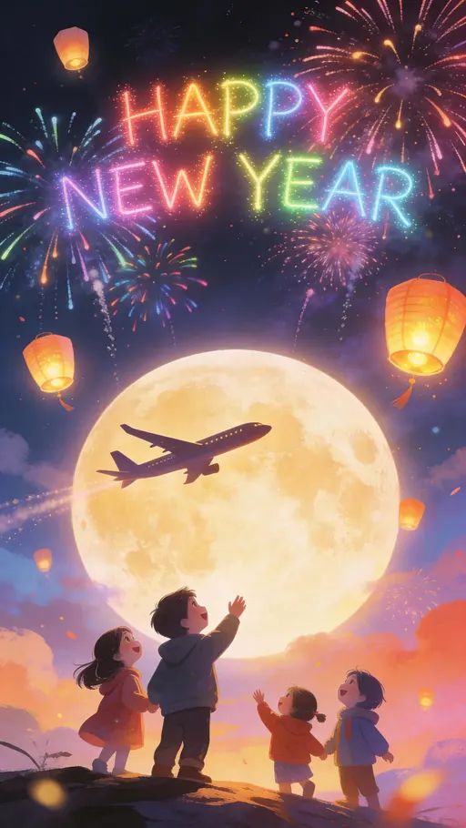 Vertical 9:16 magical New Year night scene with glowing rainbow light typography across the sky, fireworks and floating lanterns around a large glowing moon, tiny human figures in foreground.