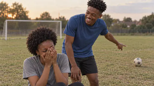 A slim young woman with a short natural afro in a grey training top sits on a worn grass pitch laughing with her hands over her face while a tall lean young man with a twist-out in a blue training top laughs beside her pointing at a football rolling away, a white goalpost behind them.