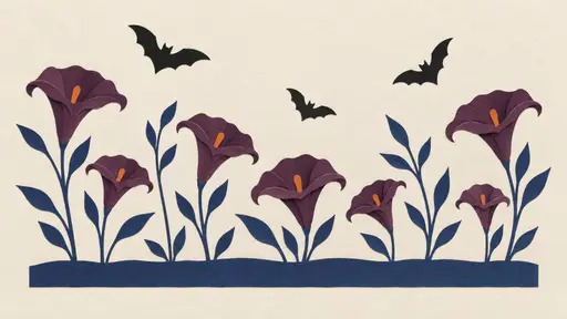 Night flowers and escaped shadows: plum and indigo cut-paper night-blooming flowers grow on slender stems while small black bat-shaped shadows drift detached between them, a gothic floral Halloween pattern concept on warm cream.