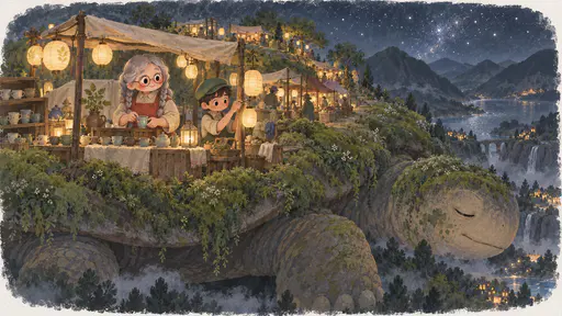 A small night market of paper lanterns glows among the moss on the sleeping shell of a vast gentle creature as a grey-braided stallholder in a red apron and an apprentice boy in a green cap trim lantern wicks at a stall of tea cups under bright stars over a dark valley.