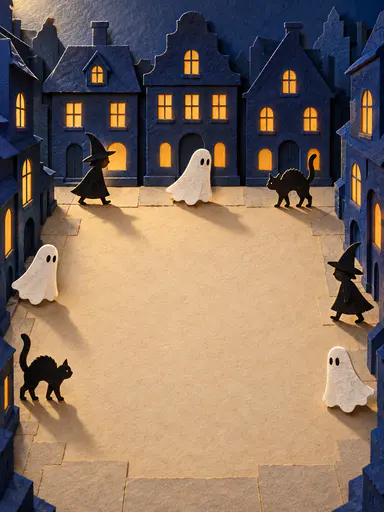 Layered paper-cut poster background of a night town square: deep-indigo facades with glowing saffron windows frame three edges while a sparse procession of seven paper silhouettes — sheet ghosts, arched-back black cats and pointed-hat figures — steps inward around the edges. The wide parchment square floor stays completely empty in the middle as copy space. Halloween party background in indigo, saffron, smoke blue and parchment.