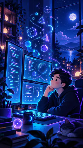 A thoughtful adult programmer with short dark hair and a hoodie stares at several glowing monitors full of code encircled by floating numbers and symbols in a dim room.
