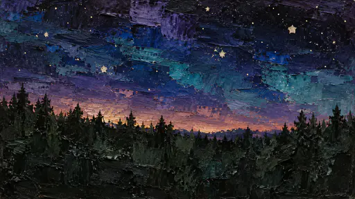A night sky of scraped ultramarine, violet and teal strata with scuffed stars rises above a dark forest with a faint rose glow on the horizon.