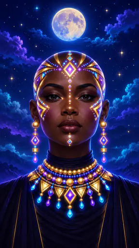 An adult woman with a shaved head and glowing geometric patterns across her scalp gazes directly out against a starry indigo night ground.