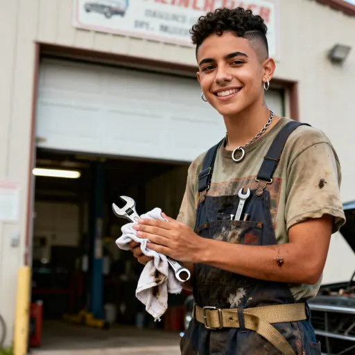 A 22-year-old Cuban American nonbinary mechanic and DIY musician wipes oil-streaked hands on a rag outside a small Tallahassee garage after a successful tune-up, half-body editorial portrait with soft even light and a warm-neutral grade.