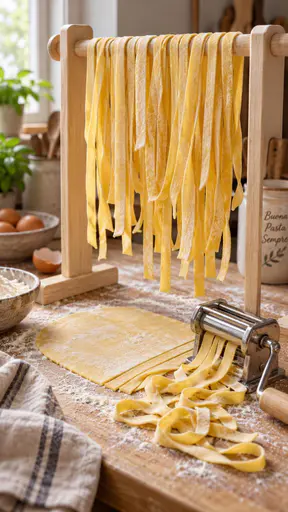 A wooden rack holds cream-yellow noodle ribbons above a flour-dusted board with a partly cut dough sheet and hand crank pasta cutter.