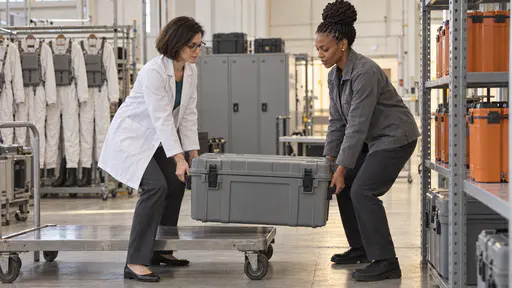 A slim woman with a dark bob and glasses in a white lab coat and a tall woman with tight twists in a grey jacket lift a sealed grey transport crate by its handles from a low steel trolley toward a loading rack with orange sample containers behind them.