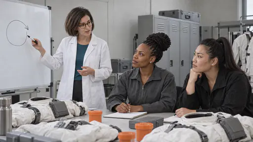 A slim woman with a dark bob and glasses in a white lab coat points to a simple circle-and-arrow pictogram on a whiteboard while a tall woman with tight twists and a broad-shouldered woman with a high ponytail listen at a plain table with orange sample containers.