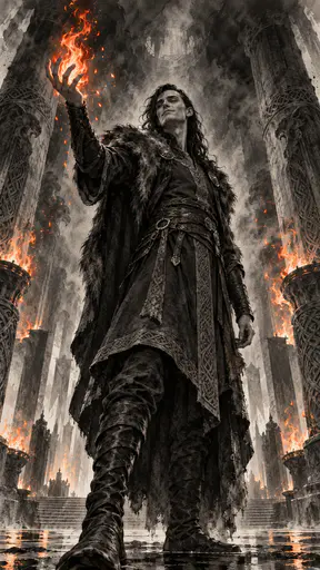 The Norse trickster god Loki stands in a hall of fire in a high-collared tunic with a small flame above his raised hand in scratchy ink and grey wash with one orange accent.