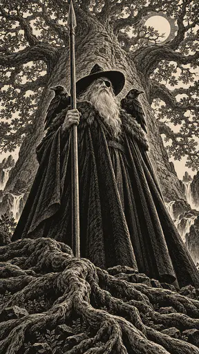 The Norse god Odin, an old one-eyed figure in a long cloak and wide hat with a spear and two ravens, stands below the immense trunk of Yggdrasil in white line woodcut.