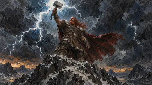 The Norse god Thor, a red-bearded warrior in a cloak, raises his hammer Mjolnir on a mountain summit beneath black thunderclouds and a splitting lightning bolt in layered wax paint.