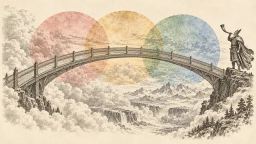 The Norse guardian Heimdall in a cloak and helmet blows a great curved horn at the end of the rainbow bridge Bifrost over clouds with overlapping translucent colour discs.