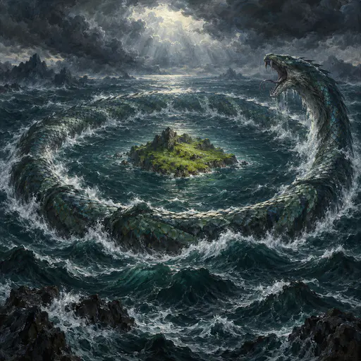 The Norse world serpent Jormungandr coils in a great ring through a stormy ocean around a small green island with its head raised and waves echoing its scales in painted bands.