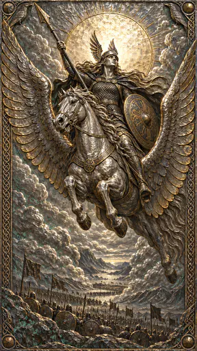 A Norse Valkyrie in a winged helmet and mail with a long spear and round shield rides a winged horse above clouds and a distant battlefield in hammered silver and bronze.