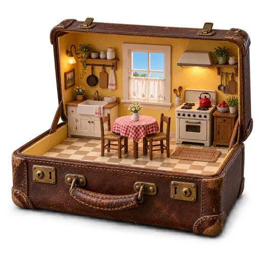 Nostalgia is a room you carry: a worn brown leather suitcase lies open, its interior holding a complete warm miniature childhood kitchen with yellow walls, a tiny window, a gingham-covered table with two chairs, a stove and a sink on a checkered tile floor. The image shows how a remembered place travels with you internally, fully contained within the case.